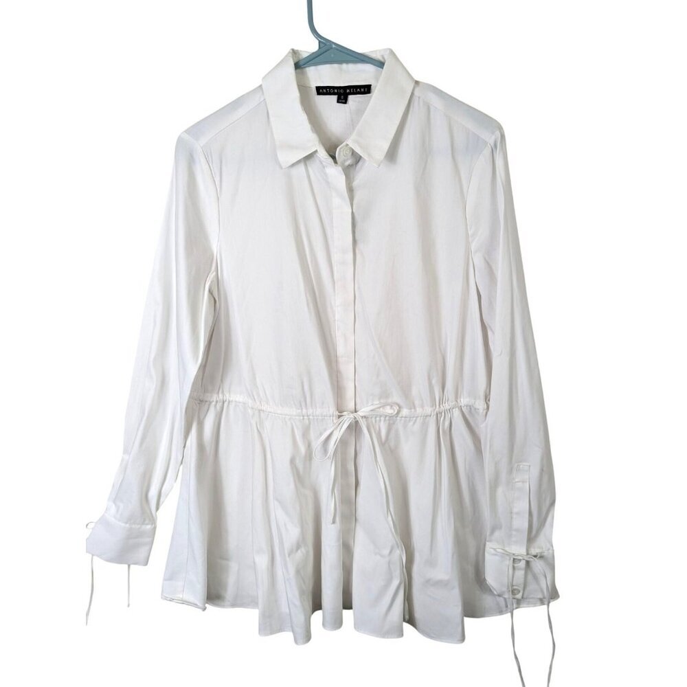 Antonio Melani Sofia Blouse sz S White Top Drawstring Waist Sleeve Peplum Career